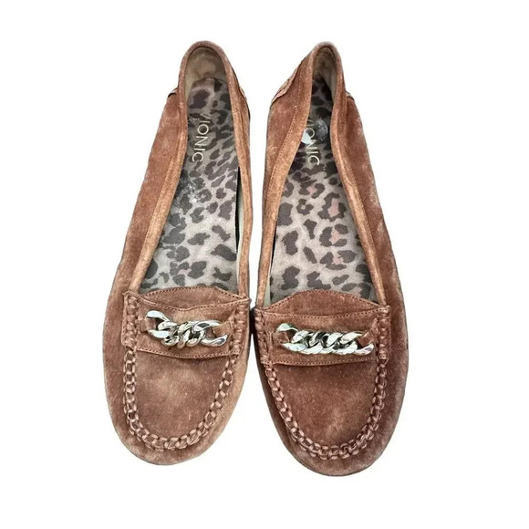 Vionic Brown Cognac Gold Chain Loafers Flat Shoes Size 9 - Picture 1 of 7
